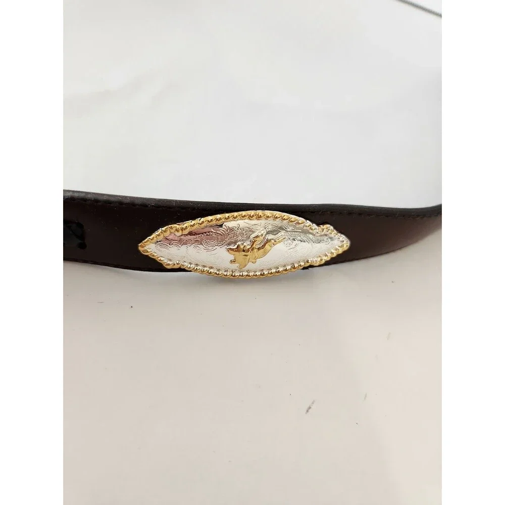 Boys Belt Brown Leather 3D Bull Rider  Silver Plated Hardware Western Sz 24 FLAW
